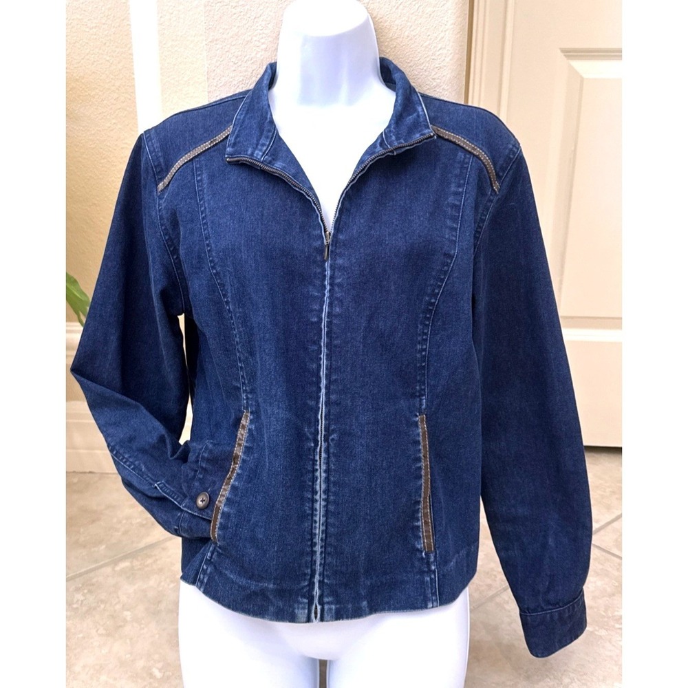 Dark Wash Denim Zip Front Jacket with Faux Leather Trim Blue Women Medium